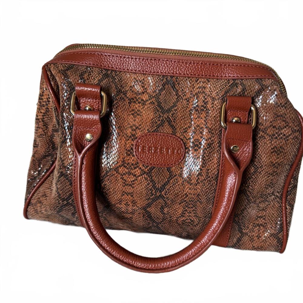 Terzetto Genuine Leather Zipper Satchel Bag, Crossbody Strap, Snakeskin Pattern
